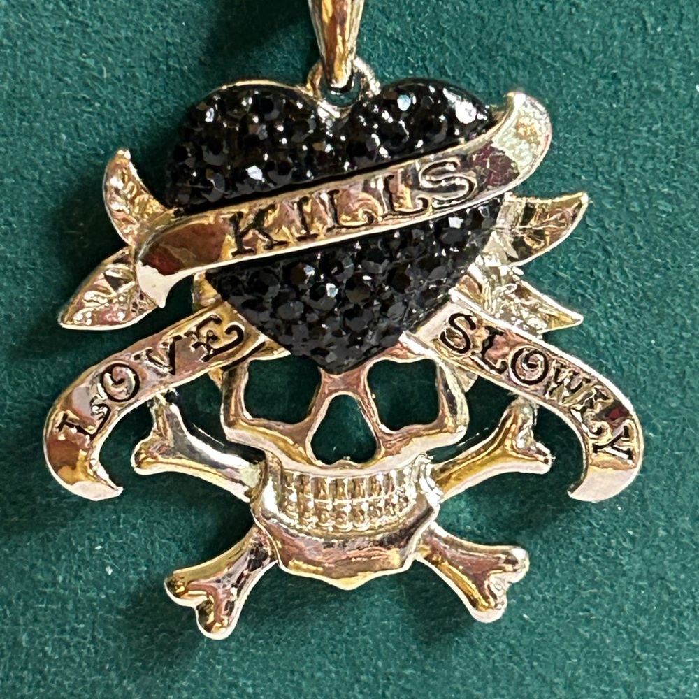 Skull Cross Bones Pendant Necklace Black Heart and Silver Love Kills Slowly